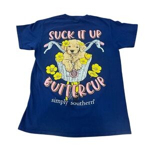 Simply Southern Women Small Blue Shirt Golden Dog Suck It‎ Up Buttercup Puppy